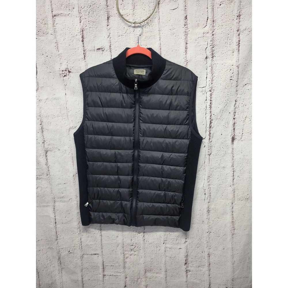 Falconeri Mens 54 Navy Goose Down Puffer Vest Lightweight Zip Merino Wool Side
